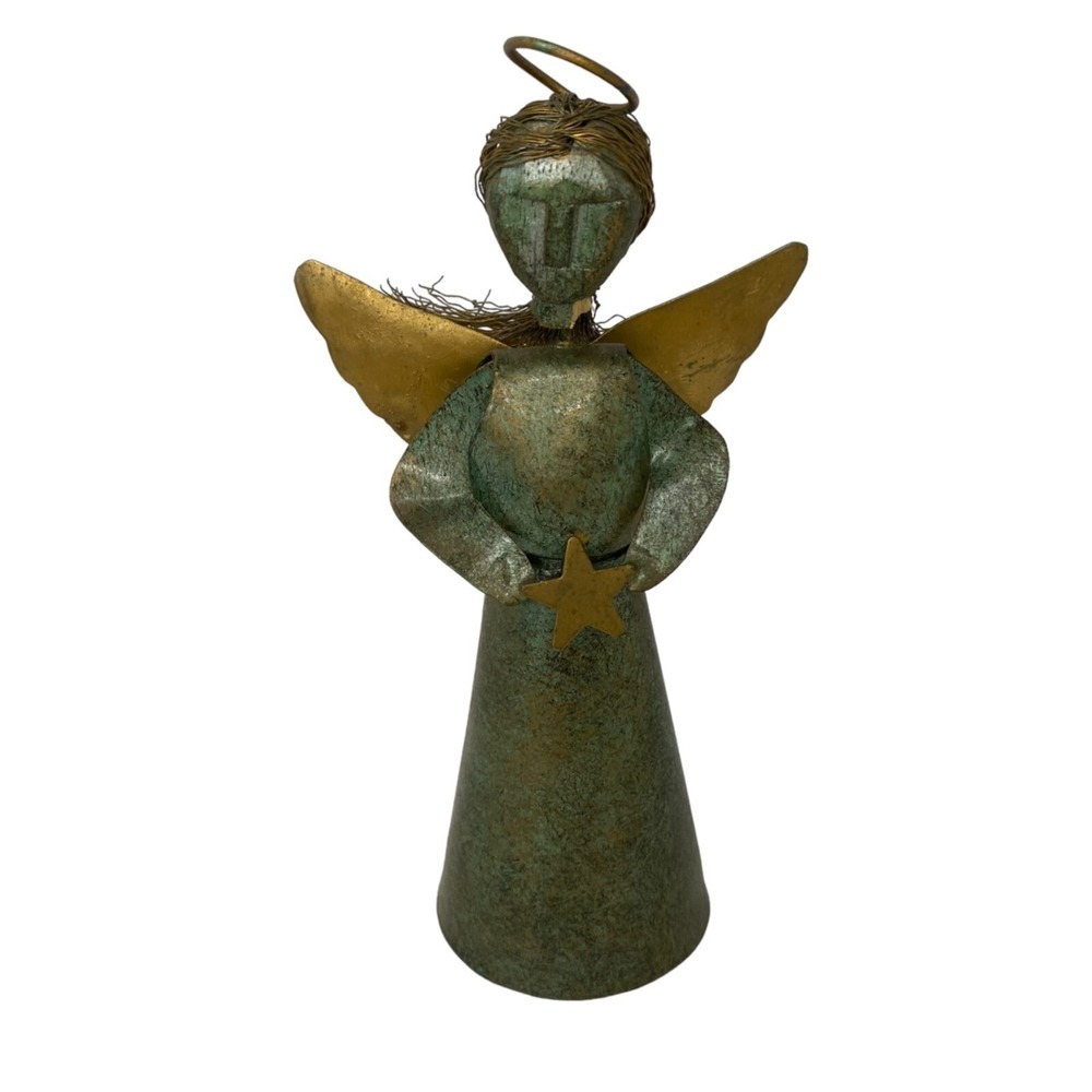 Metal bronze winged angel bell figure primitive artist carved wire hair chip 7"